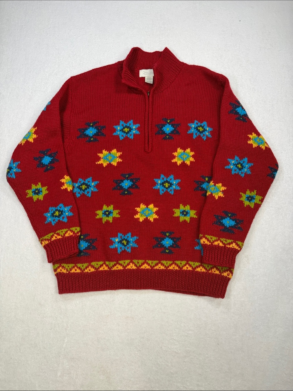 Vintage 90’s Rosanna Red Zip-Up Sweater with Blue and Yellow Navajo Motifs